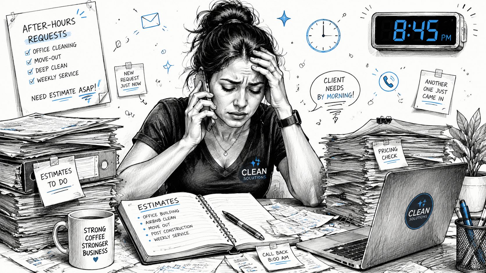 A stressed woman working late at night while managing numerous cleaning business estimate requests.