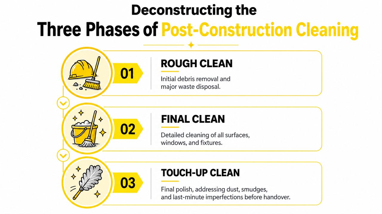 An infographic detailing the three essential phases of post-construction cleaning, including rough, final, and touch-up cleaning.