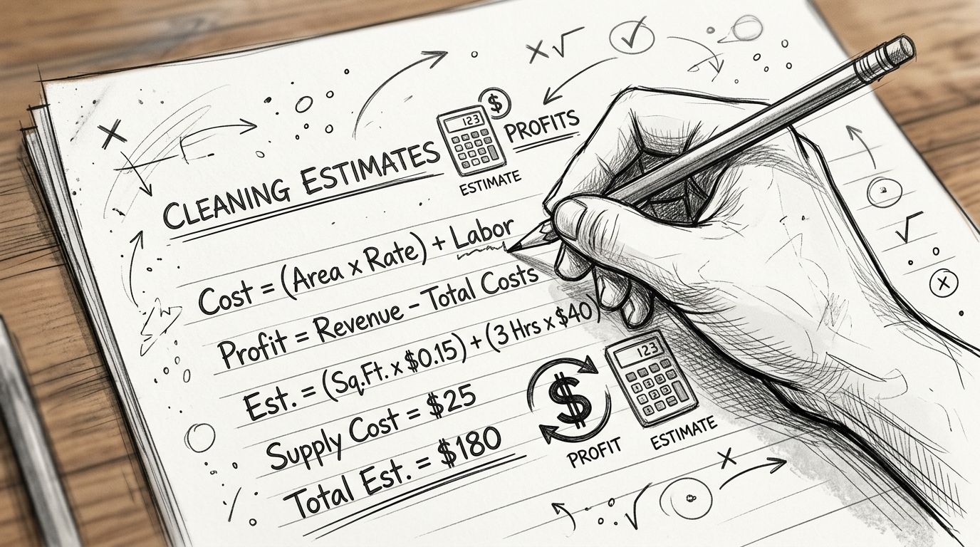 A hand-drawn sketch showing formulas and calculations for professional post construction cleaning pricing and profit margins.