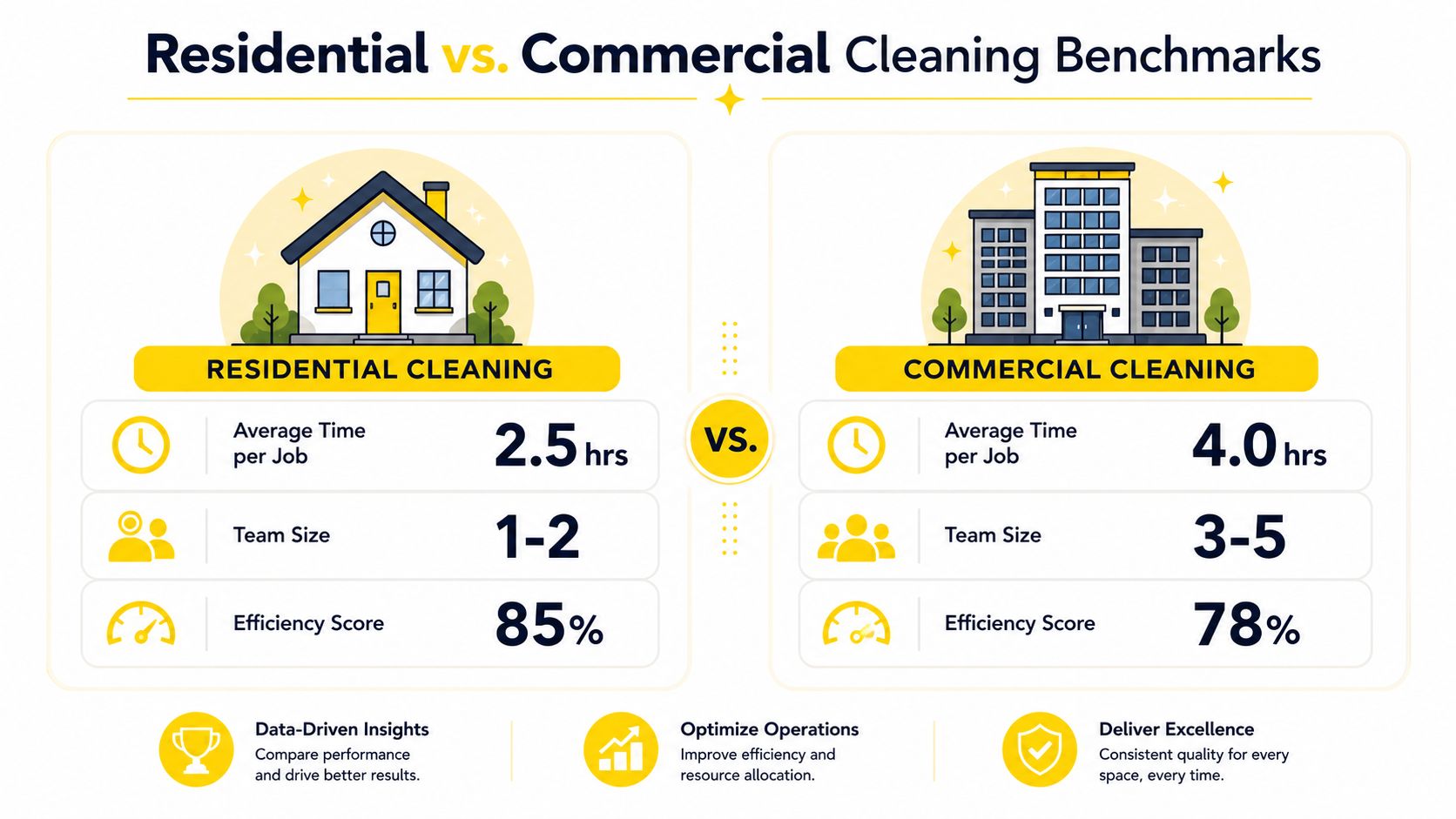 A comparison infographic showing residential and commercial cleaning benchmarks including time, team size, and efficiency scores.