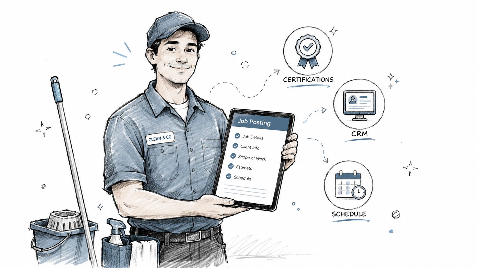 A smiling cleaning technician holds a digital tablet displaying job details, alongside icons for certifications, CRM, and scheduling.