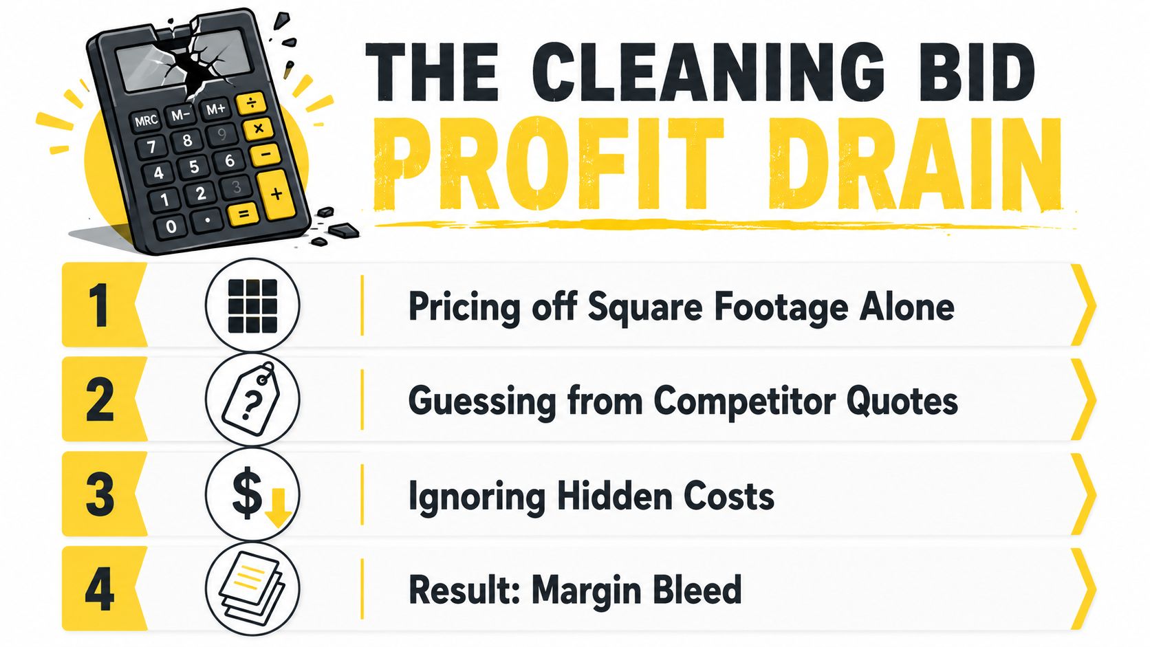 An infographic titled The Cleaning Bid Profit Drain, listing four common mistakes in professional cleaning contract bidding.