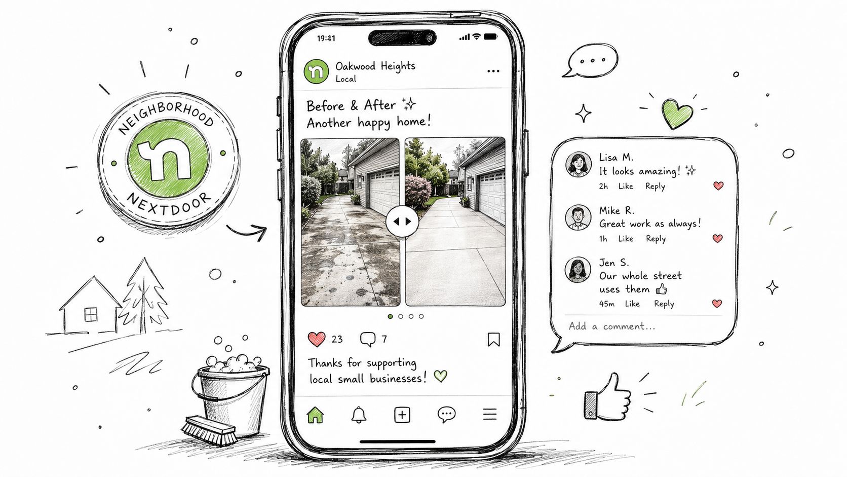 A hand-drawn illustration featuring a smartphone app interface showing social media posts for local neighborhood businesses.