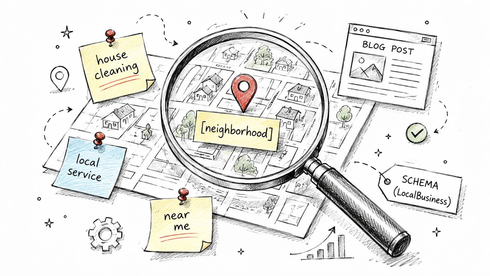 A conceptual illustration of local SEO strategies including neighborhood targeting, blog content, and business schema markup on a map.