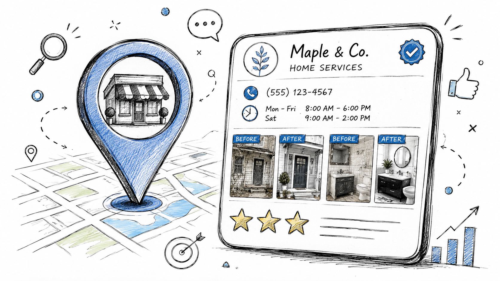A hand-drawn illustration showing a location pin on a map with a business profile for home services.