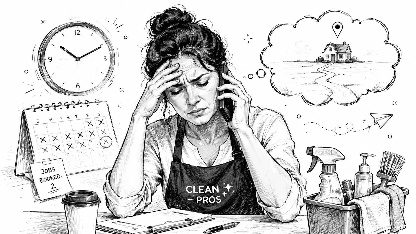 A stressed cleaning service business owner on the phone managing schedules and client leads in an office.