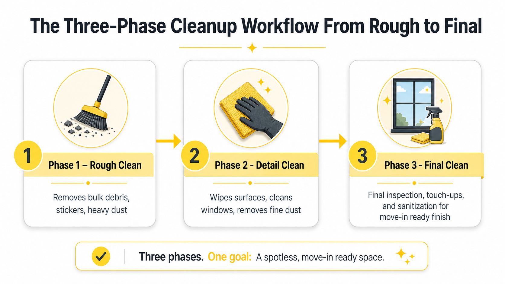 A diagram outlining a three-phase cleanup workflow for post construction cleaning services, ranging from rough to final stages.