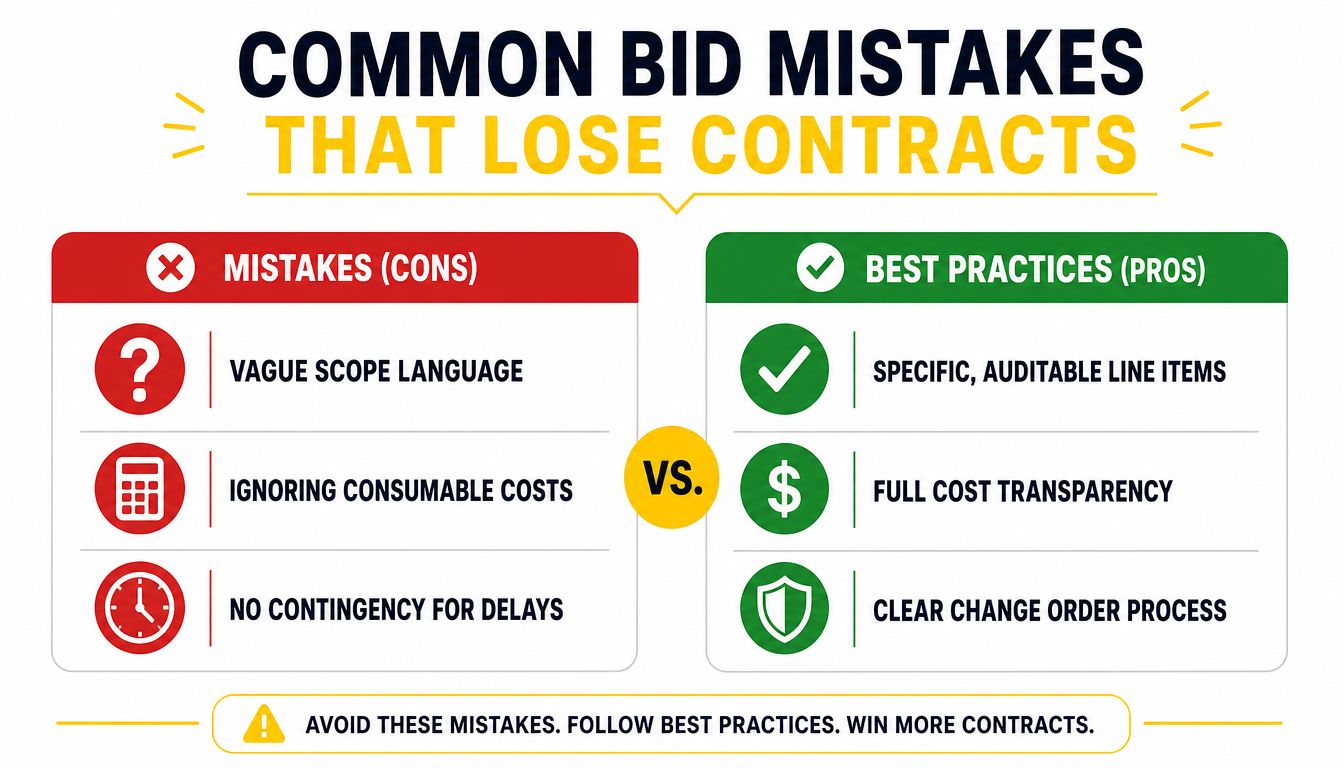 A comparison chart showing common bid mistakes to avoid and best practices for winning commercial contracts.