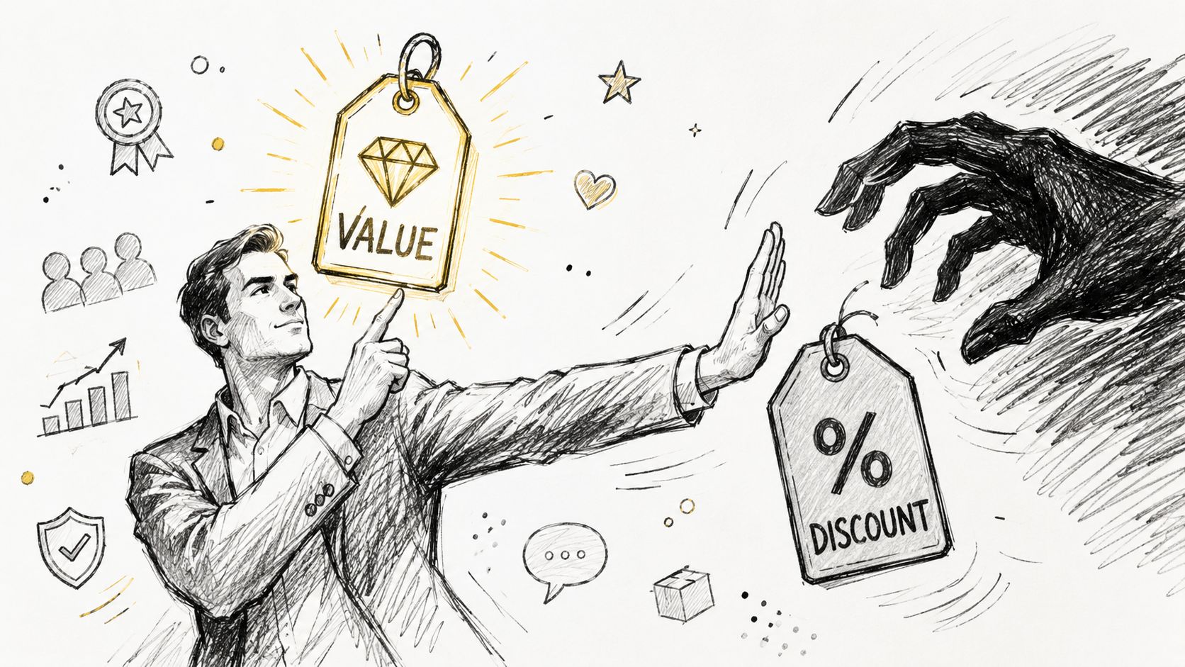 A professional man gesturing to prioritize value over a discount offered by a shadowy dark hand.
