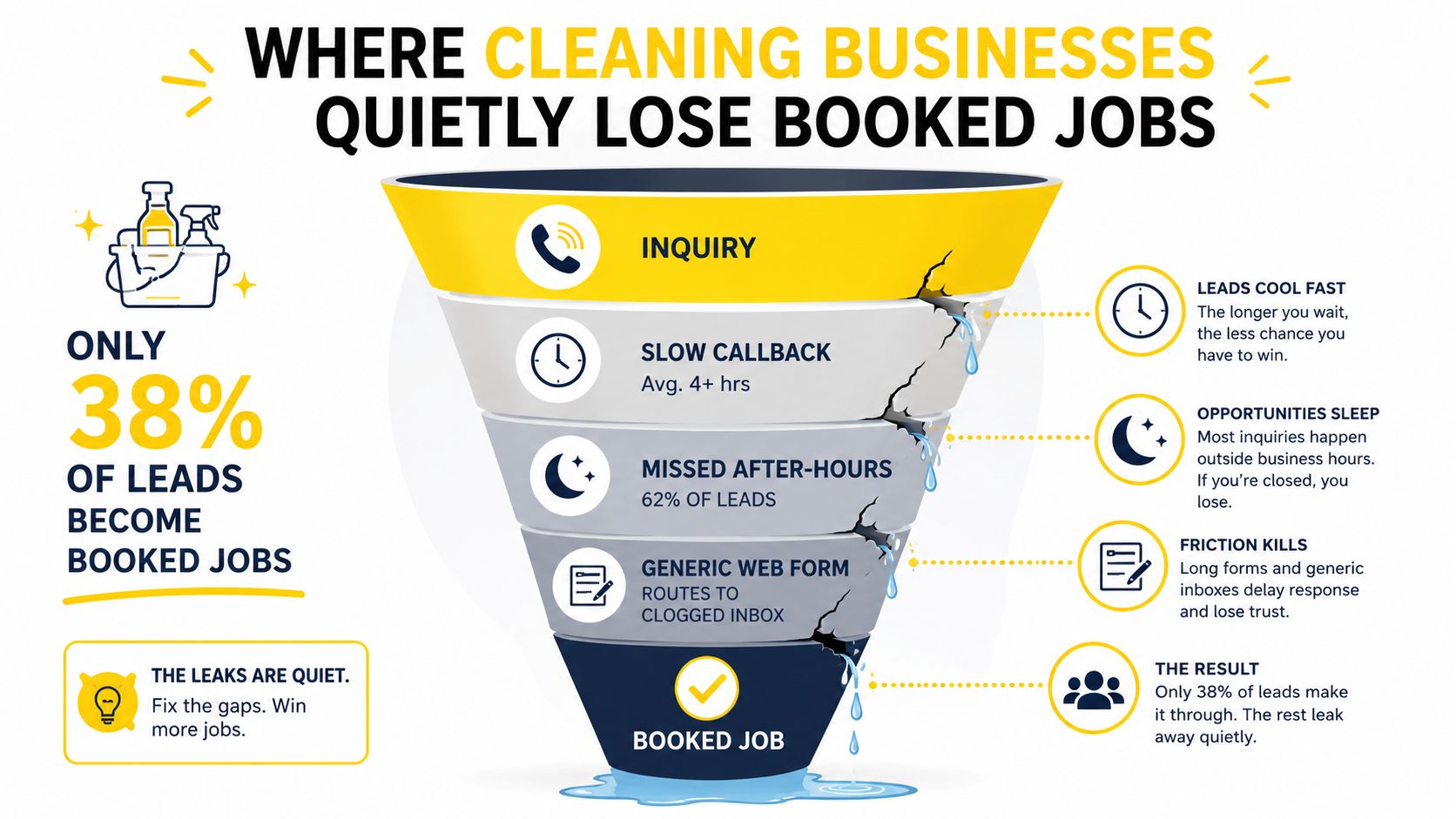A funnel diagram illustrating how cleaning businesses lose potential booked jobs through slow responses and missed leads.