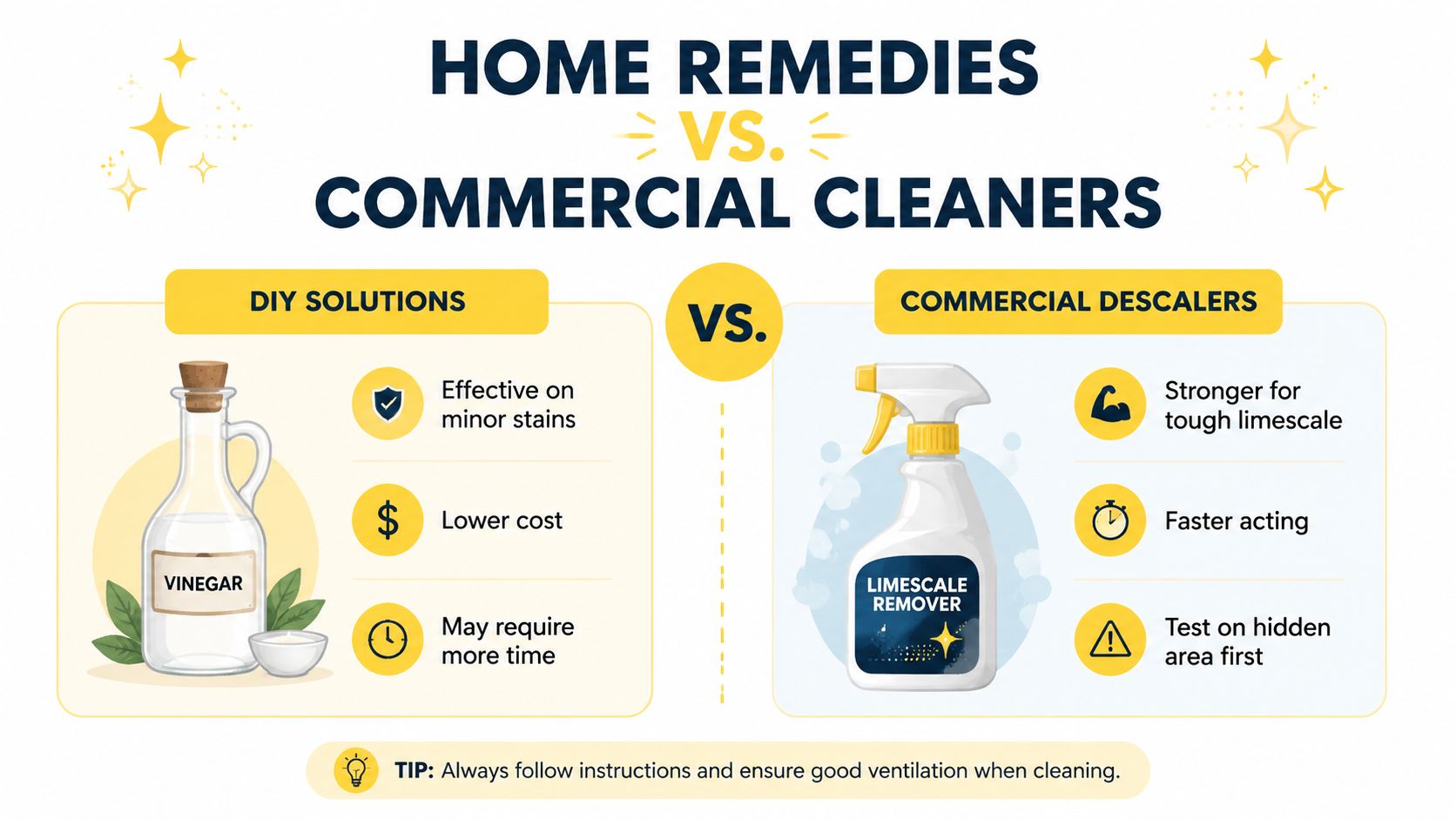 A comparison infographic between DIY home remedies like vinegar and commercial descalers for removing limescale stains.