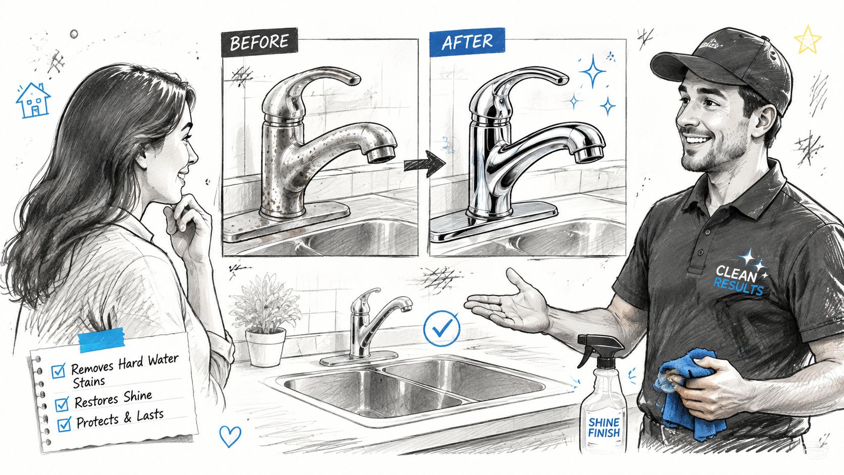A professional cleaner shows a woman how to remove hard water stains from chrome kitchen faucets effectively.