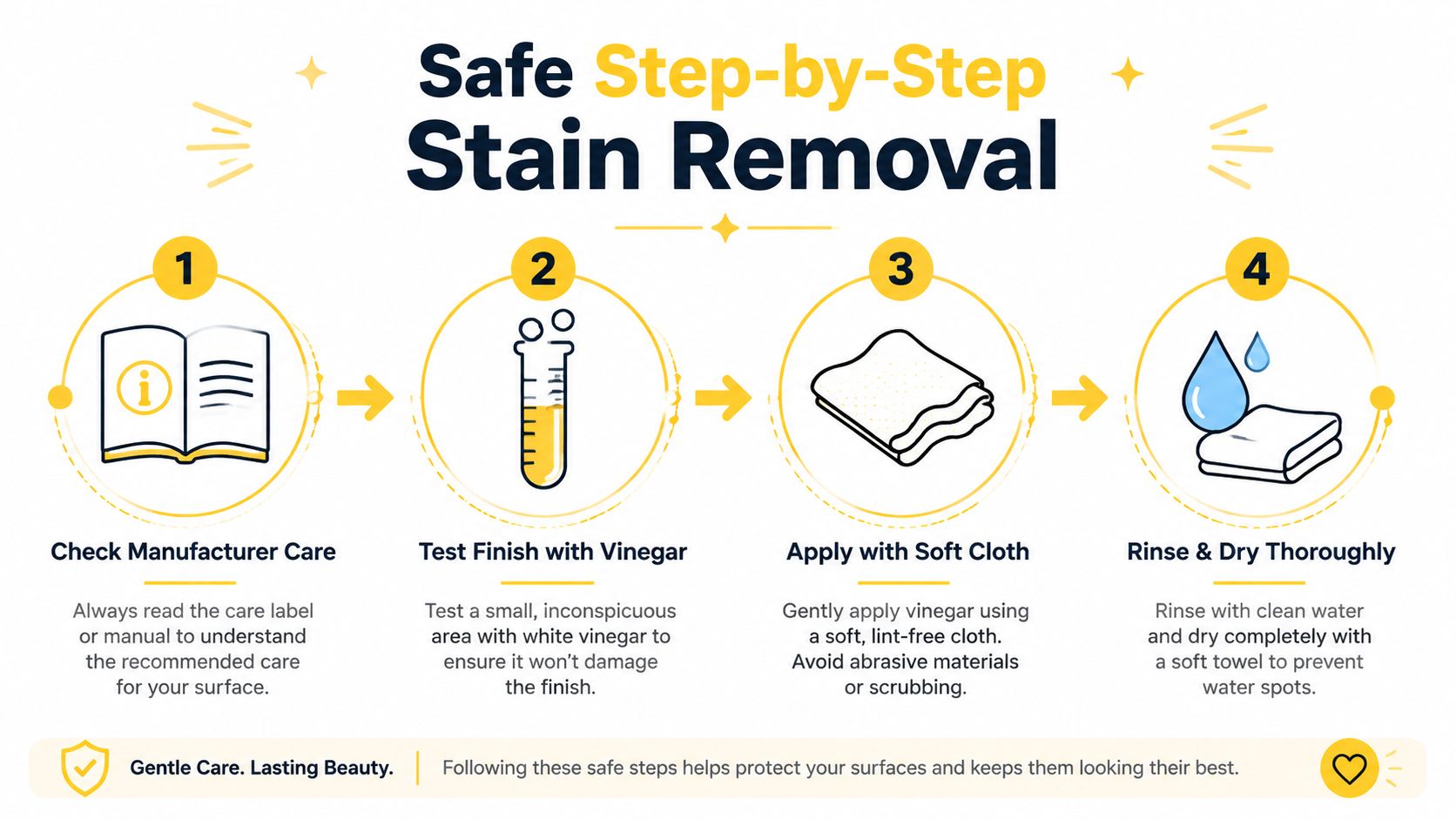 A four-step infographic illustrating how to safely remove stains from surfaces using white vinegar and soft cloths.