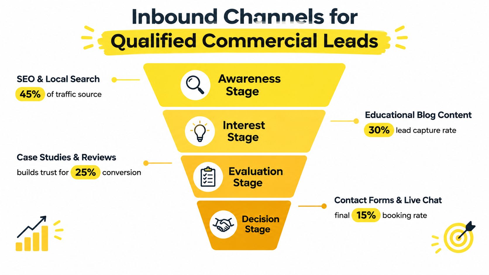 A marketing funnel infographic showing inbound channels for qualified commercial leads across four different stages.