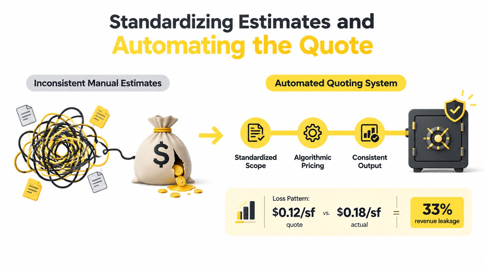 A diagram comparing manual, inconsistent business estimates causing revenue loss to a streamlined automated quoting system.