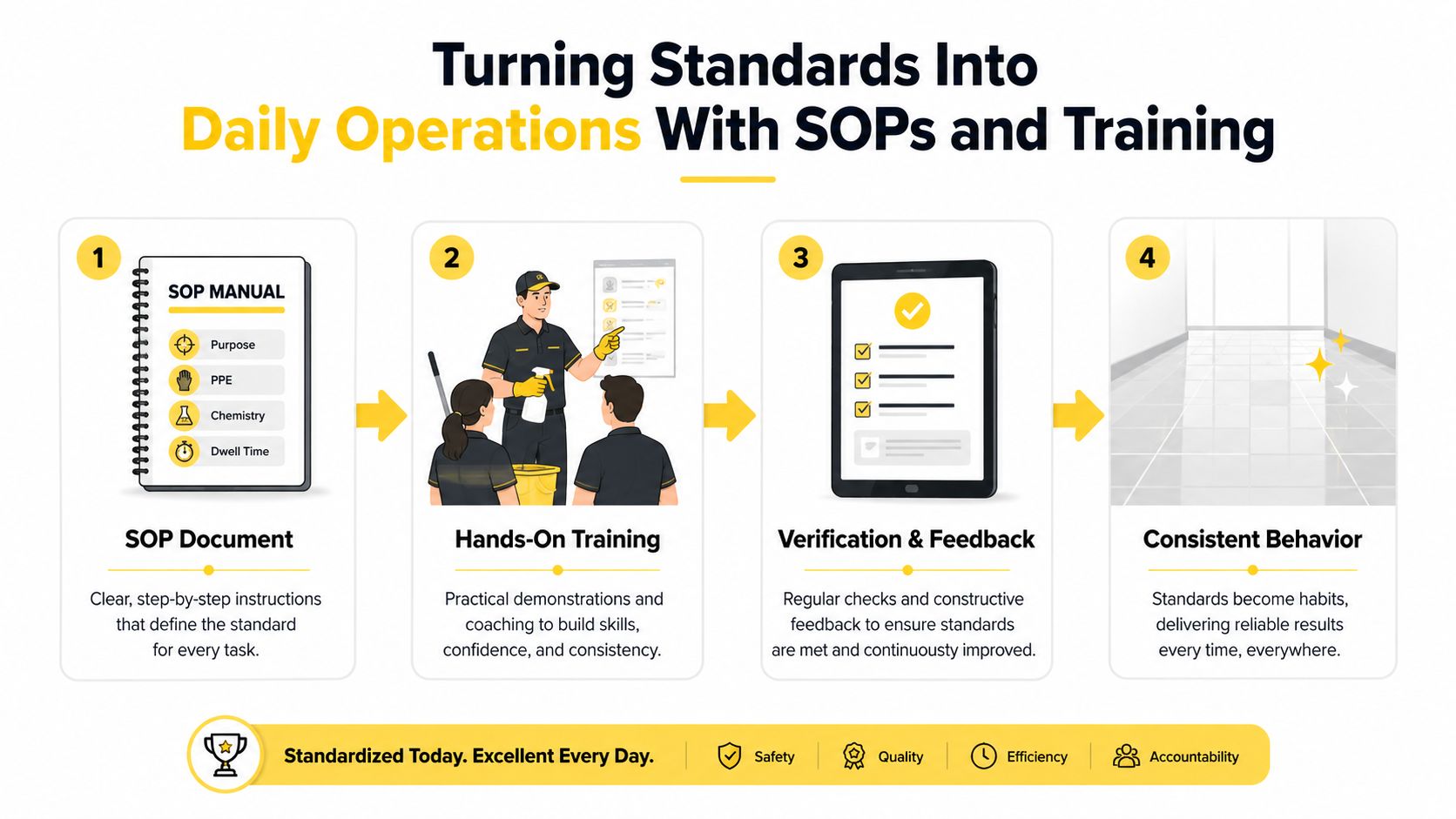 A four-step infographic illustrating how to turn cleaning industry standards into daily operational habits through training.