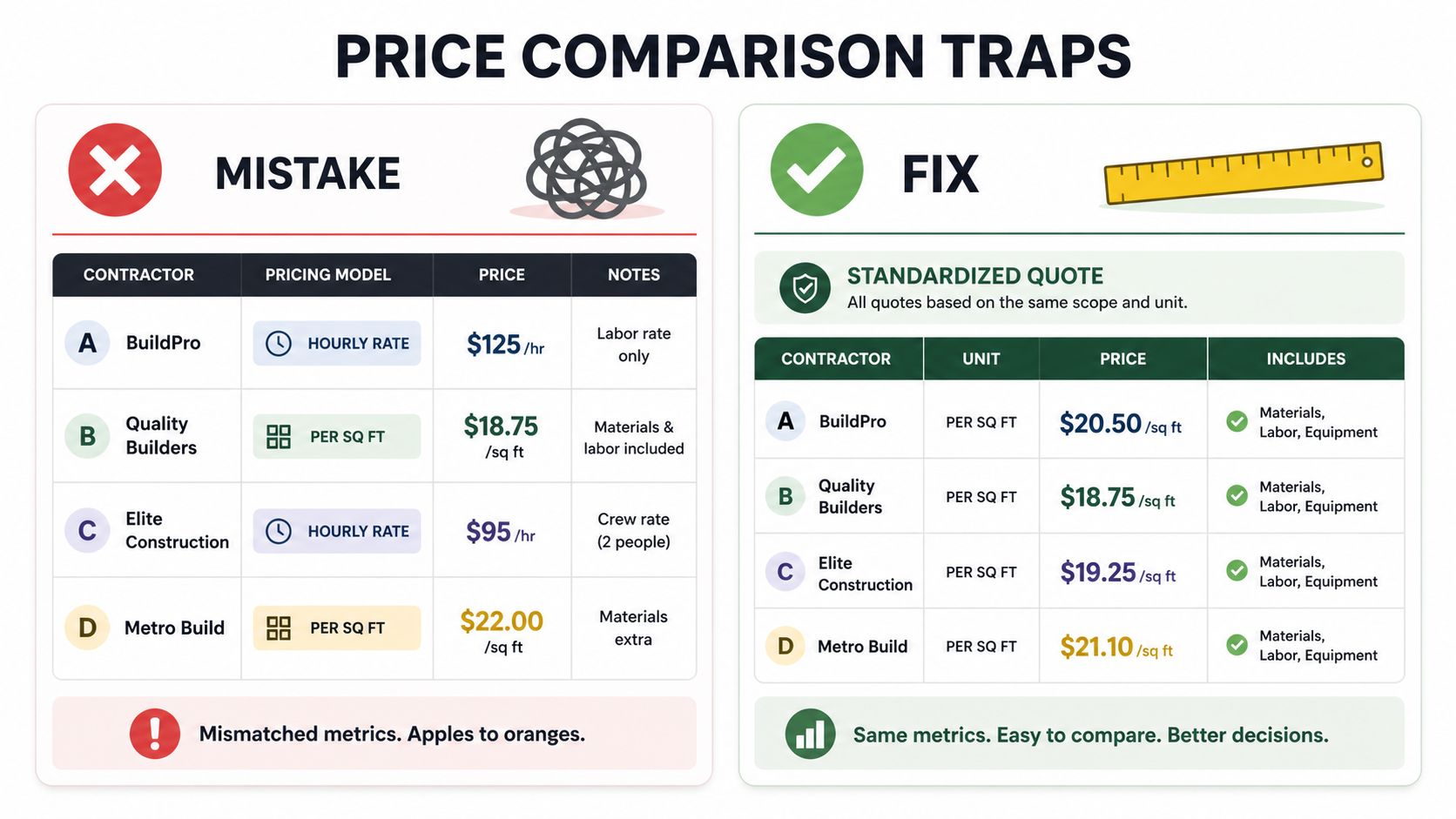 A comparison chart showing how to standardize contractor quotes to avoid mismatched pricing models and hidden costs.