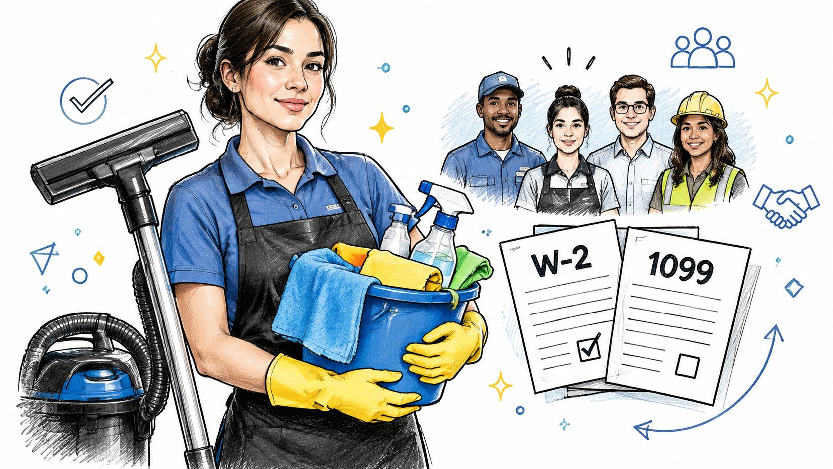 A professional house cleaner holding a bucket of supplies next to tax forms and a cleaning team.