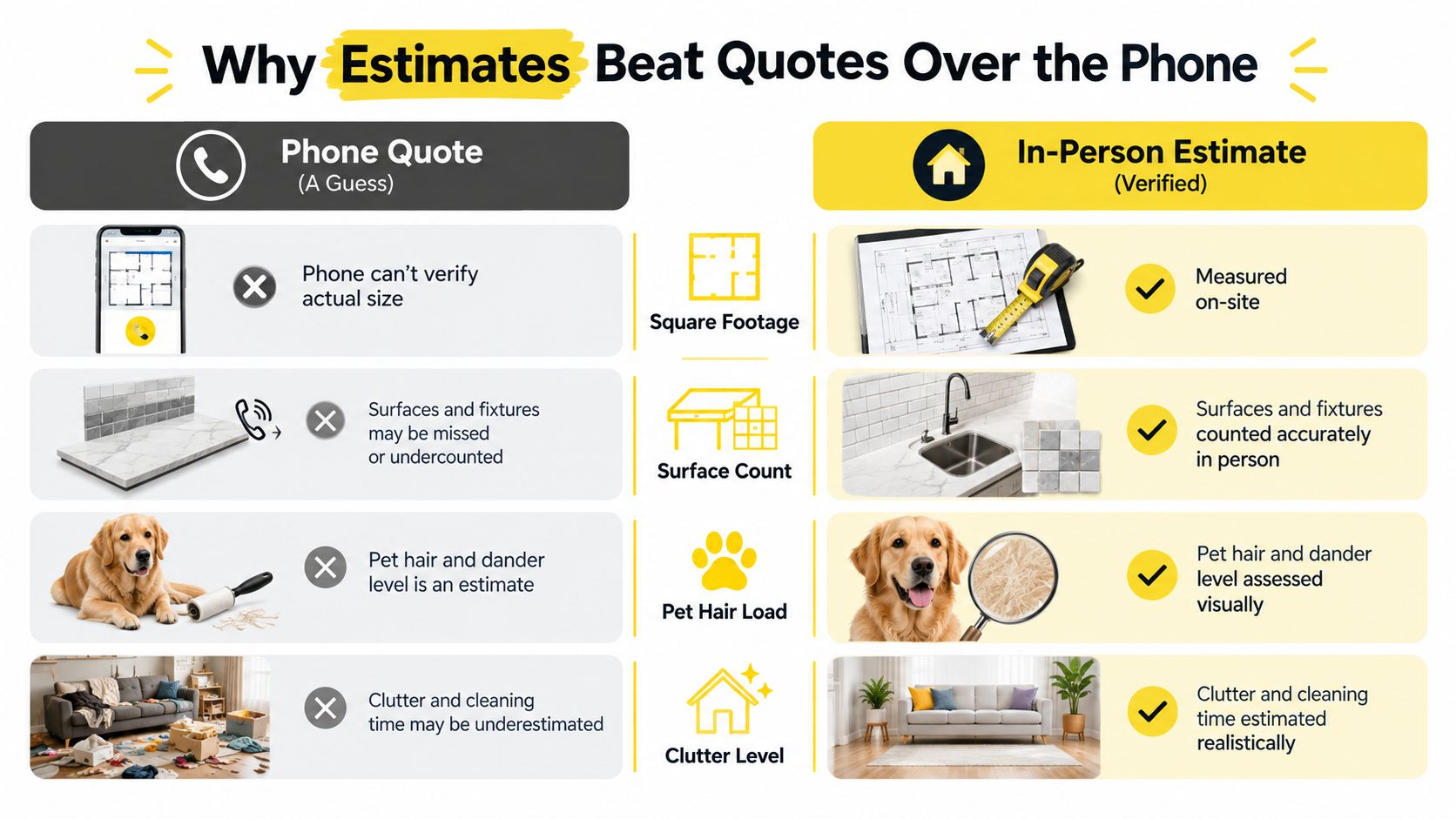 A comparison chart showing why in-person cleaning estimates are more accurate than quotes given over the phone.