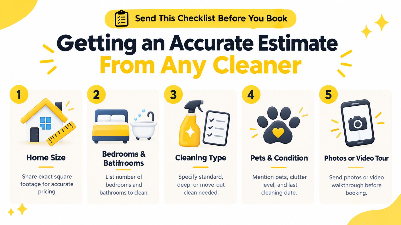 A checklist infographic titled Getting an Accurate Estimate From Any Cleaner with five tips for booking services.