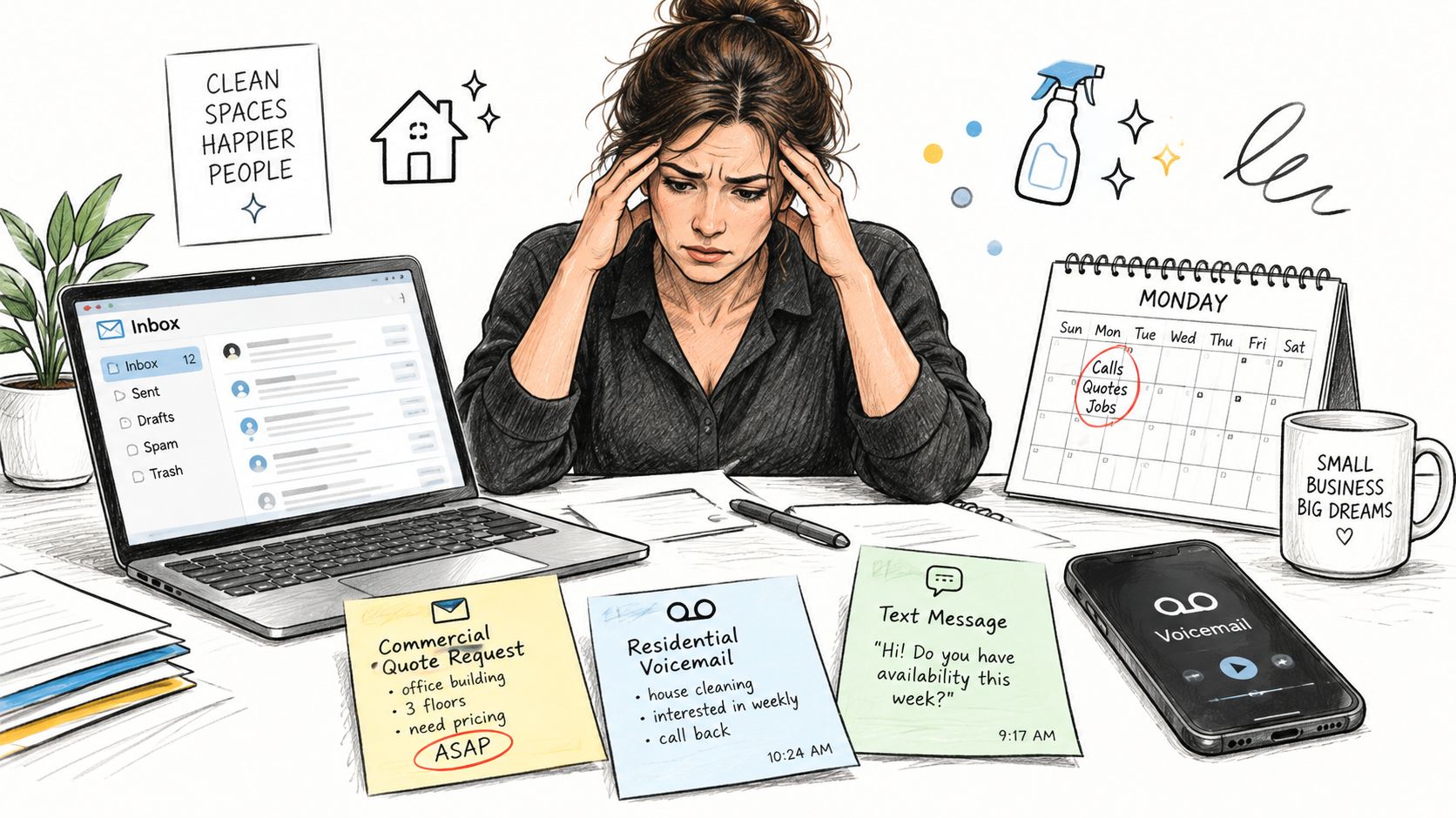 A stressed small business owner overwhelmed by incoming quotes, messages, and scheduling tasks at her desk.