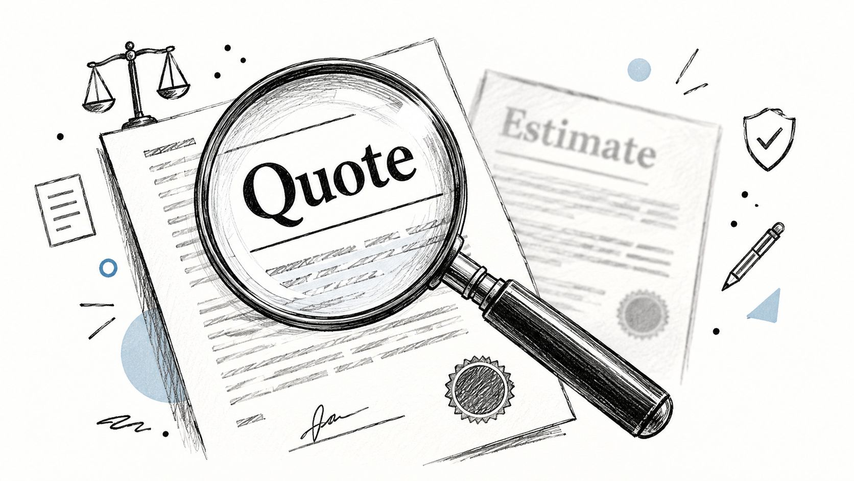 A magnifying glass inspecting a document titled Quote, representing the review of business terms and conditions.