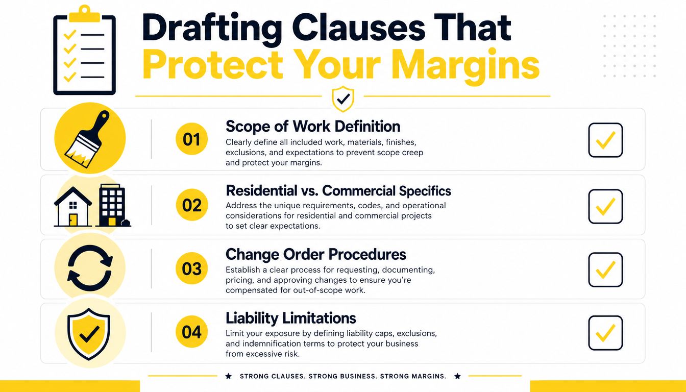 A professional infographic outlining four essential contract clauses to protect construction business profit margins.