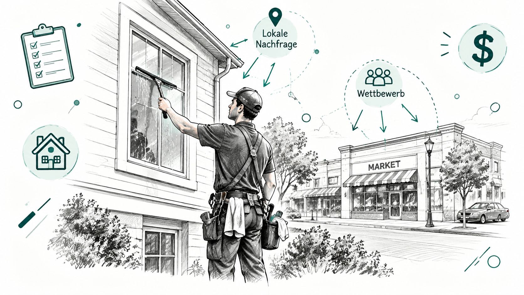 A professional window cleaner working on a building, representing key factors for starting a window cleaning business.