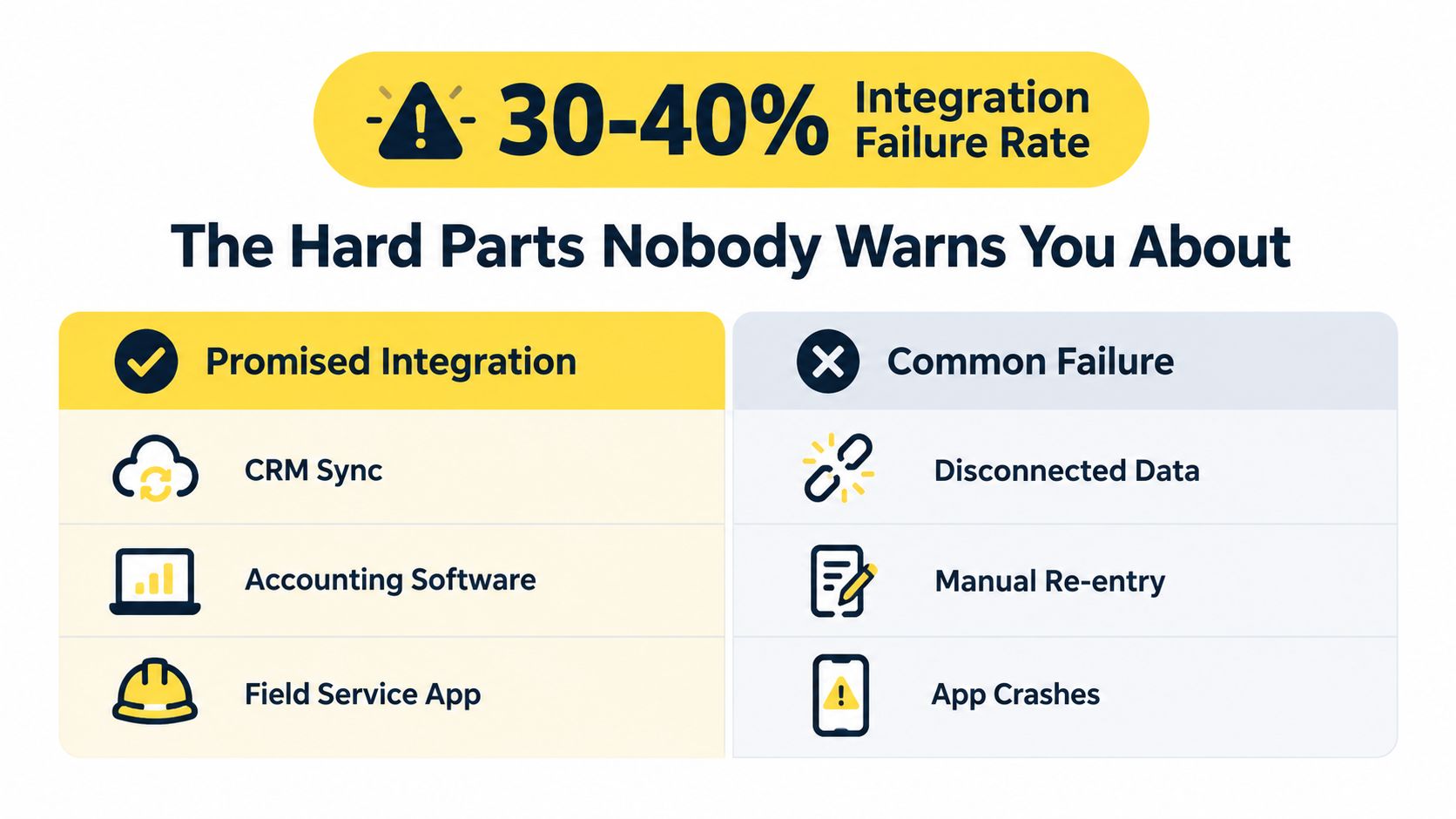 A graphic highlighting a 30-40% integration failure rate, comparing promised software features against common technical failures.