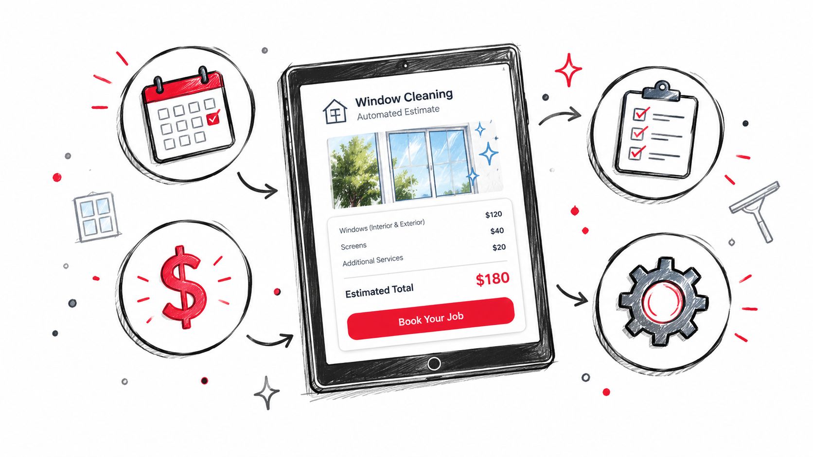 A digital tablet displaying a window cleaning service cost estimator app with booking options and icons.