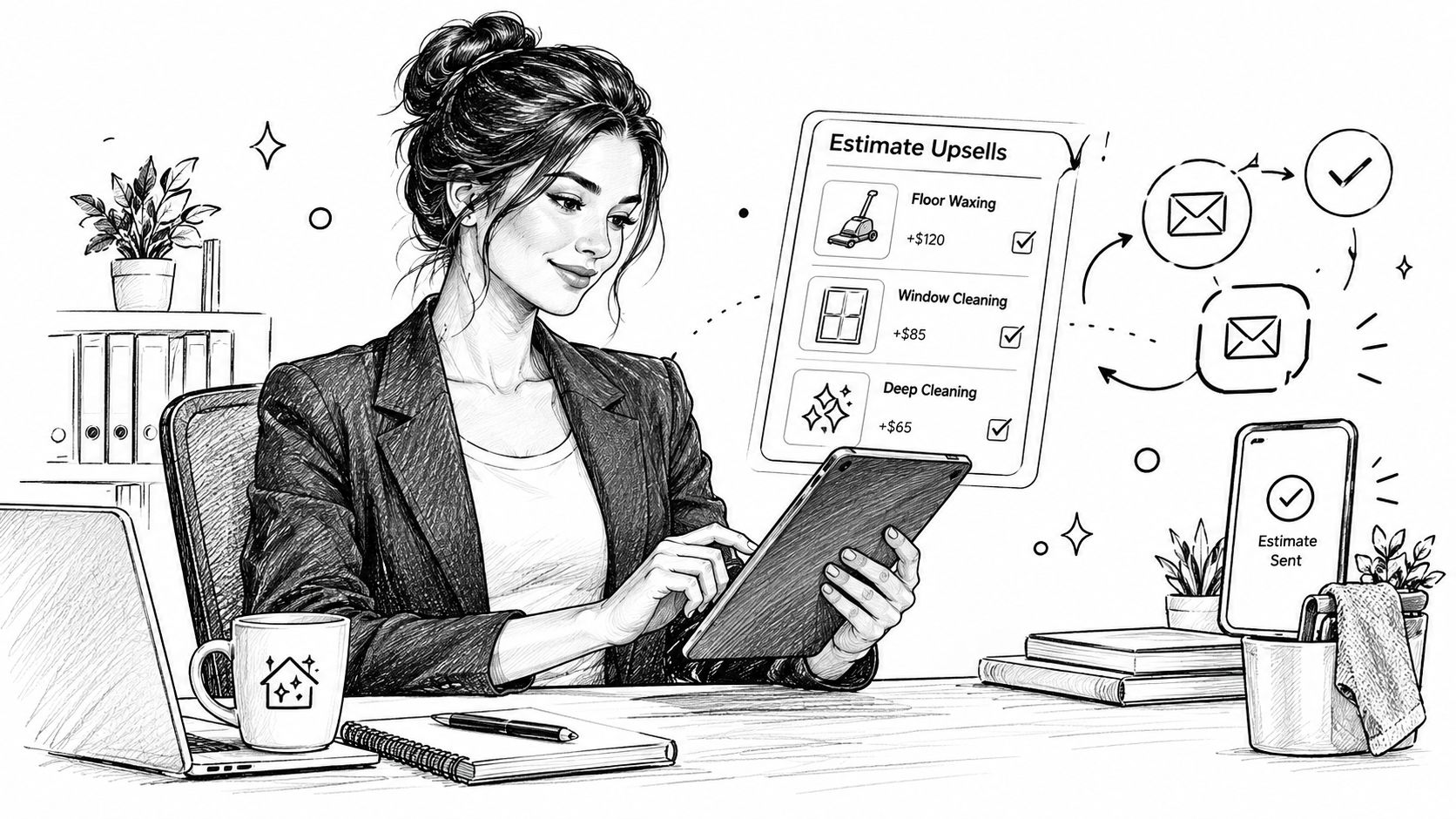 A professional woman uses a tablet to send commercial cleaning quotes with optional service upsell features.