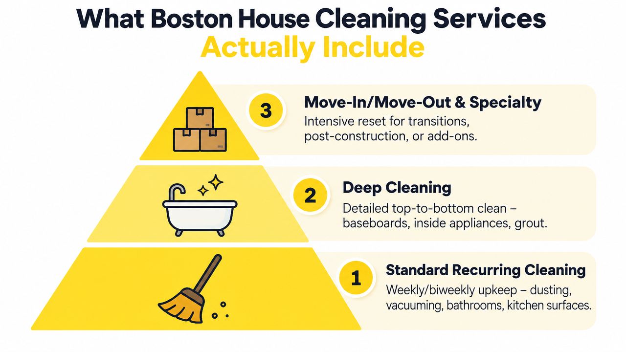 A pyramid chart showing three levels of Boston house cleaning services: Standard, Deep, and Move-In/Move-Out.