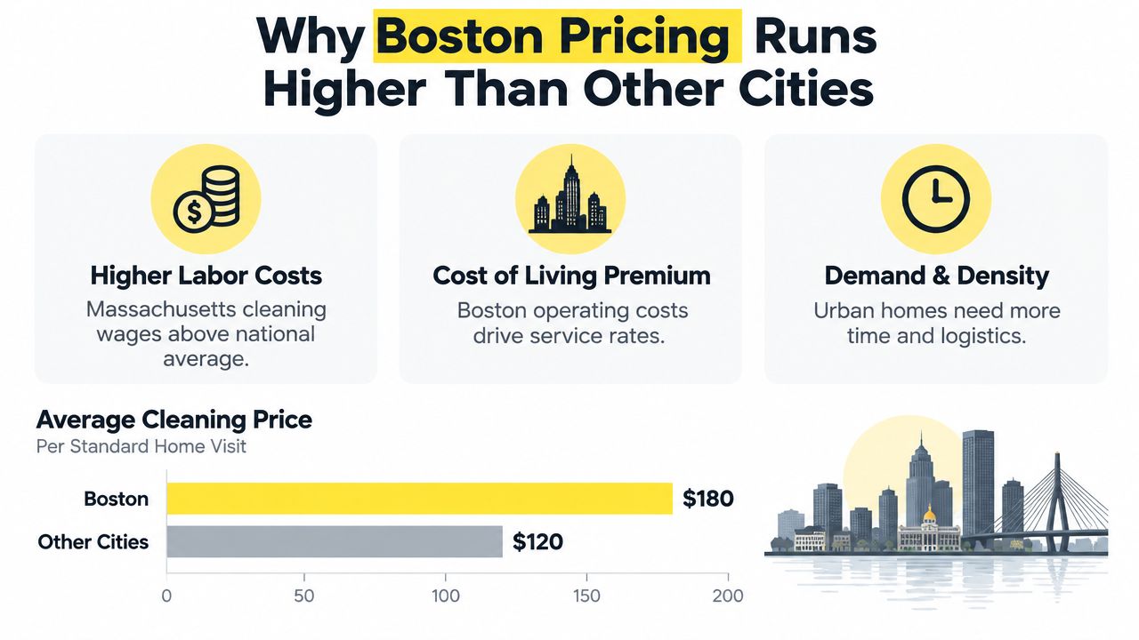 A chart showing that Boston house cleaning services cost more than in other cities due to labor and living costs.