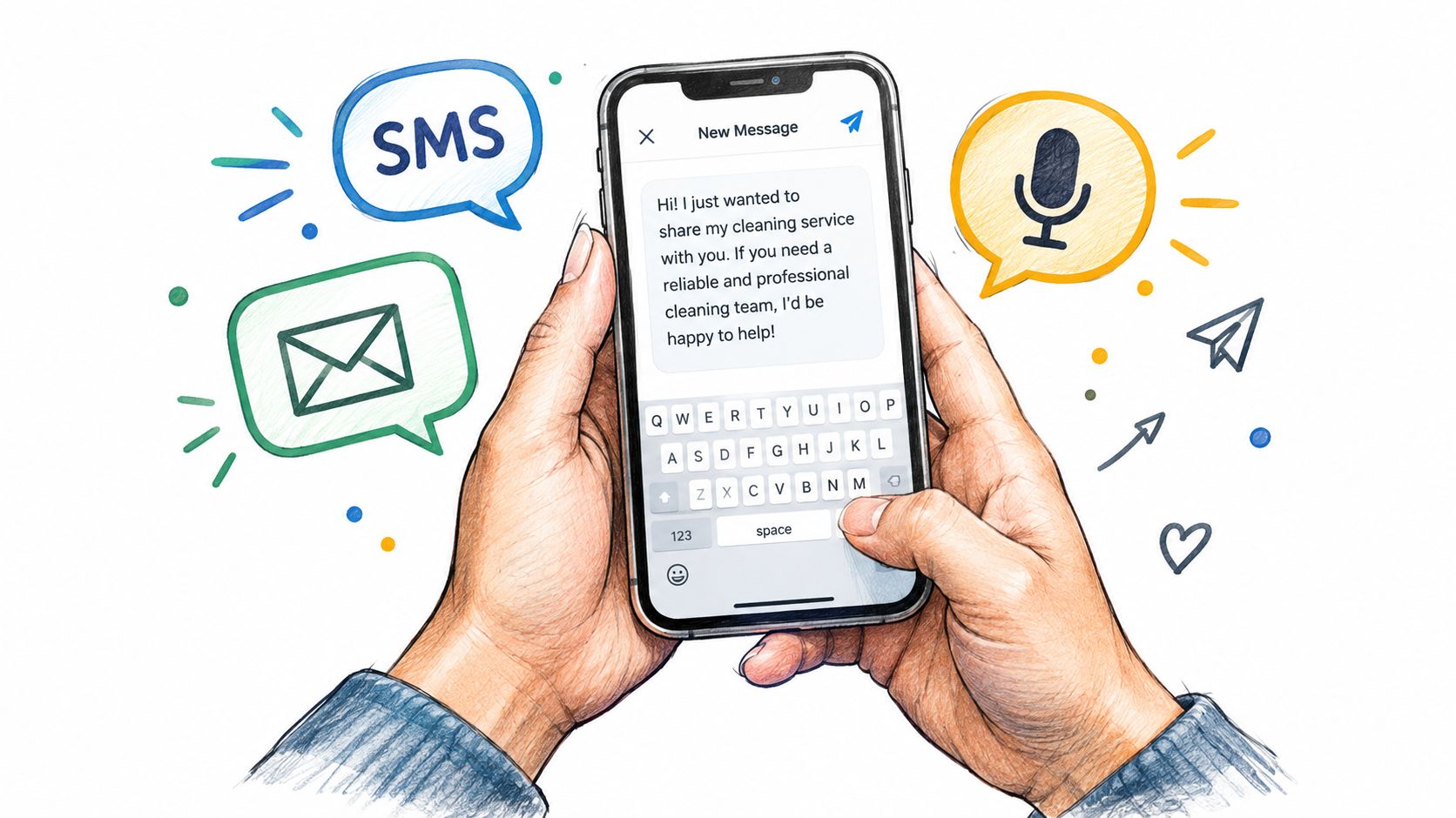 A hand-drawn illustration showing a person typing a business referral message on a smartphone screen.