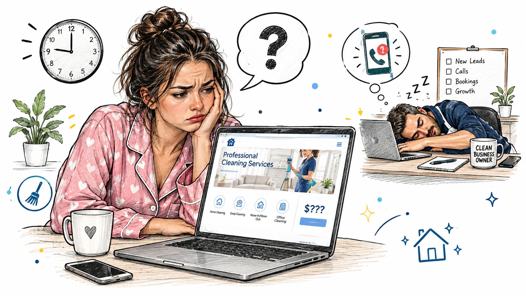 A frustrated business owner looking at a professional cleaning services website with pricing questions on a laptop.