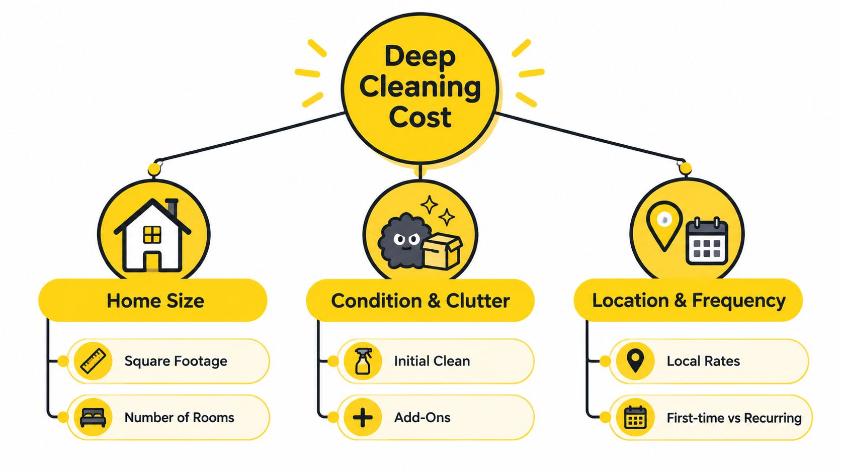 A diagram illustrating the factors that influence the total cost of professional deep house cleaning services.