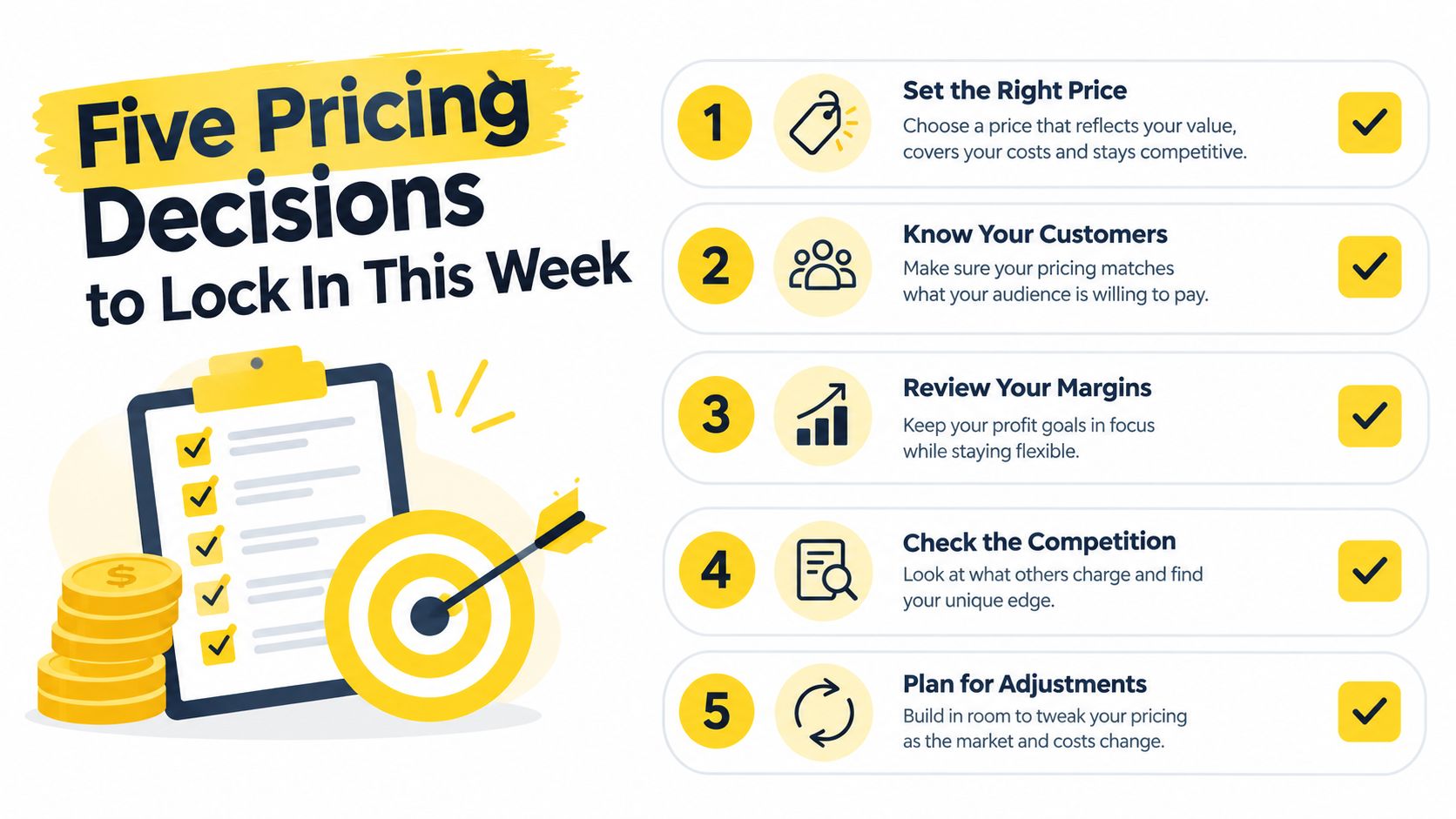 A checklist infographic titled Five Pricing Decisions to Lock In This Week with five essential business steps.