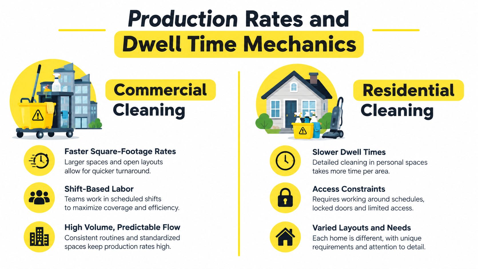 A comparison infographic showing key differences between commercial cleaning production rates and residential cleaning dwell times.