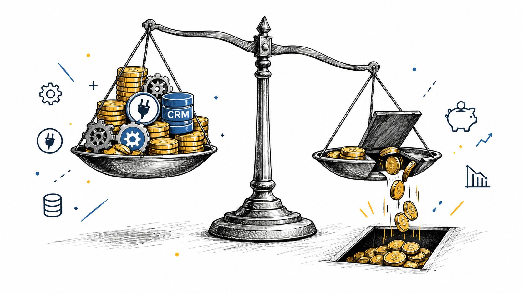 A hand-drawn illustration showing a balance scale with CRM and technical components leaking money into a drain.
