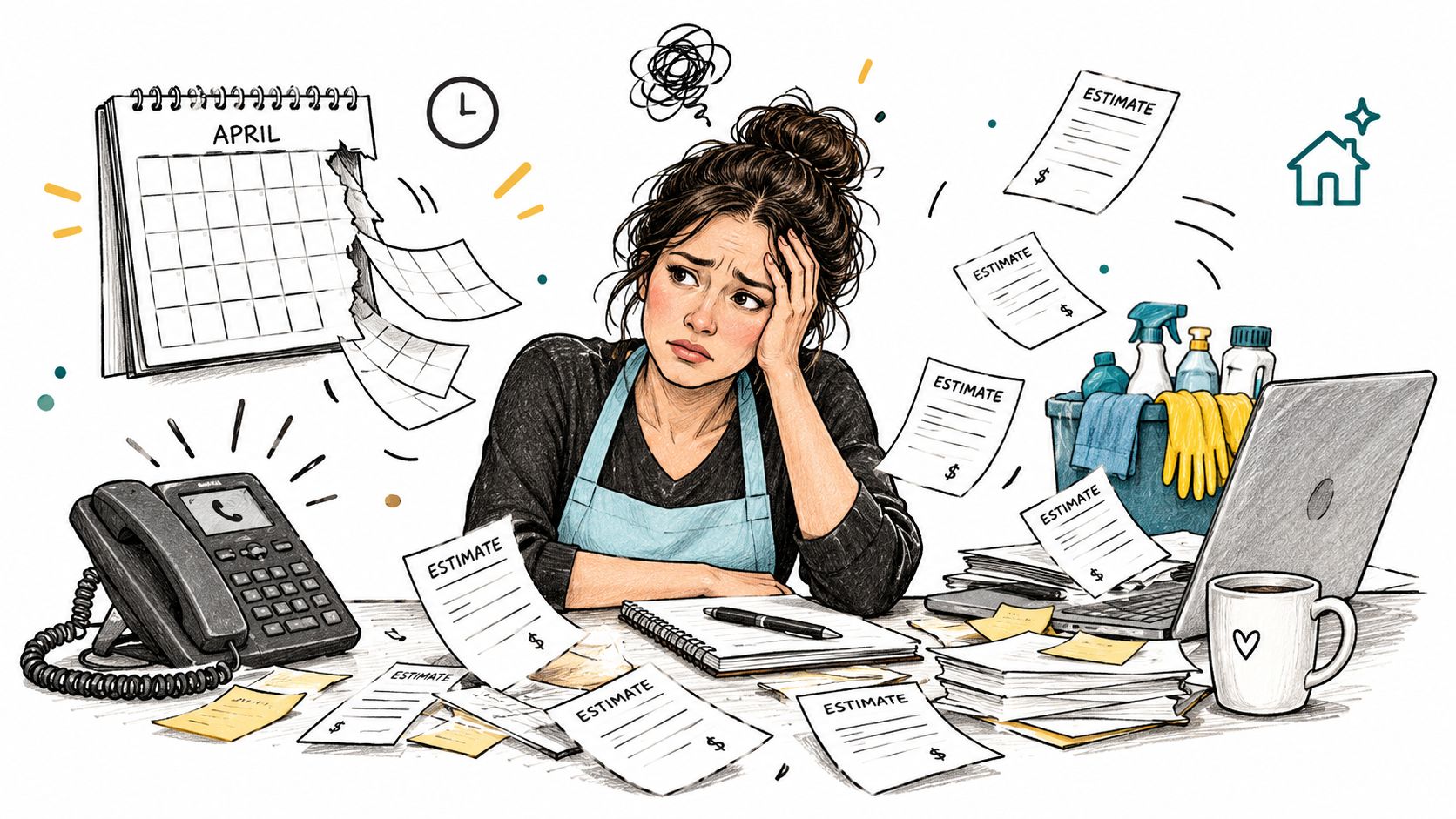 A stressed woman sitting at a messy desk filled with cleaning service estimates, paperwork, and a laptop.