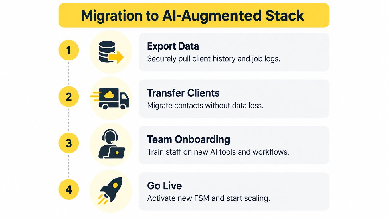 A four-step infographic illustrating the migration process to an AI-augmented service management stack for businesses.
