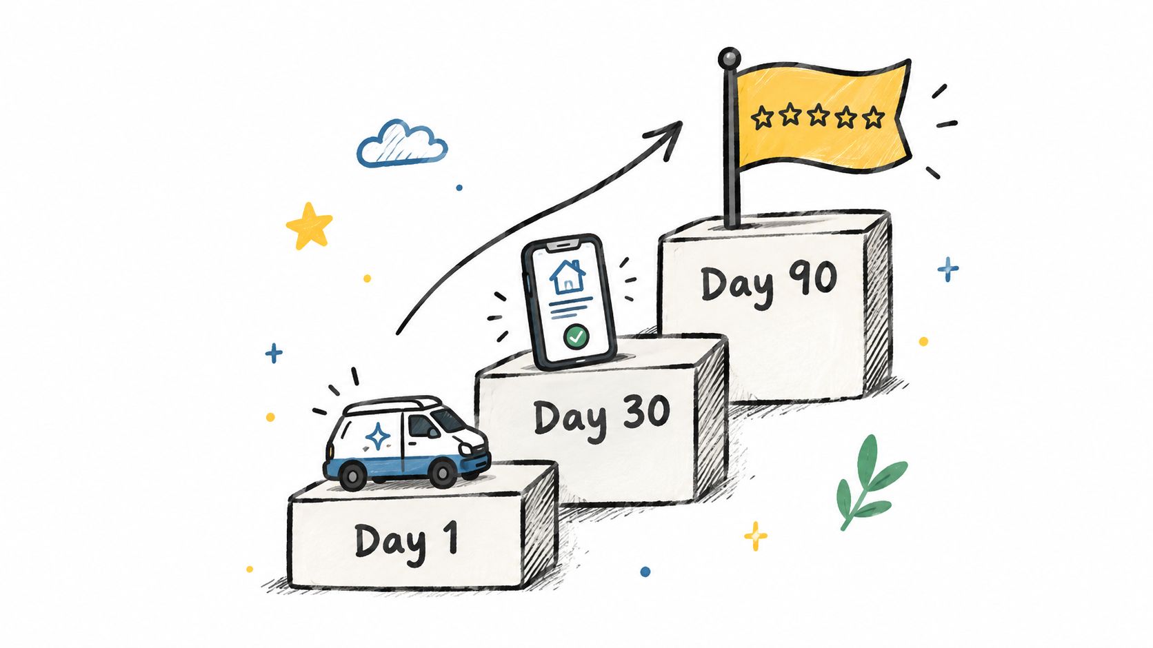 A hand-drawn illustration showing a progression path with milestones for Day 1, Day 30, and Day 90.