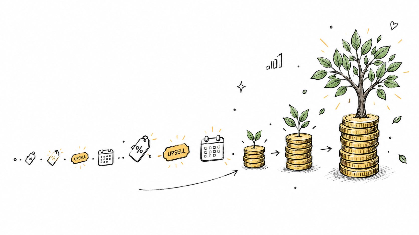 An illustrated progression from marketing sales icons to a growing tree planted on a stack of coins.