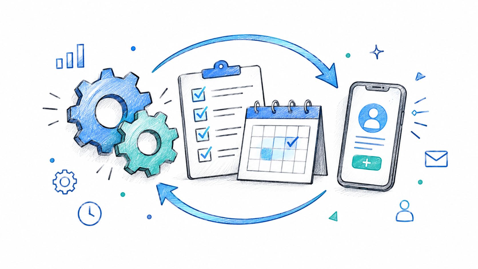 A hand-drawn illustration depicting gears, a checklist, a calendar, and a smartphone representing business workflow and productivity.