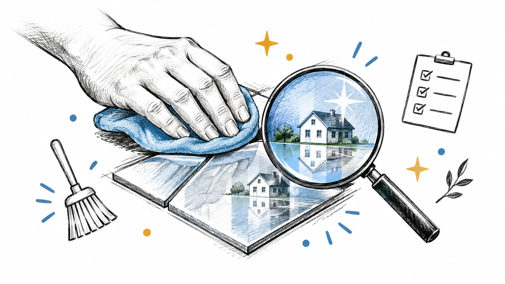 A hand wiping a clean, reflective tile surface with a magnifying glass revealing a house image.