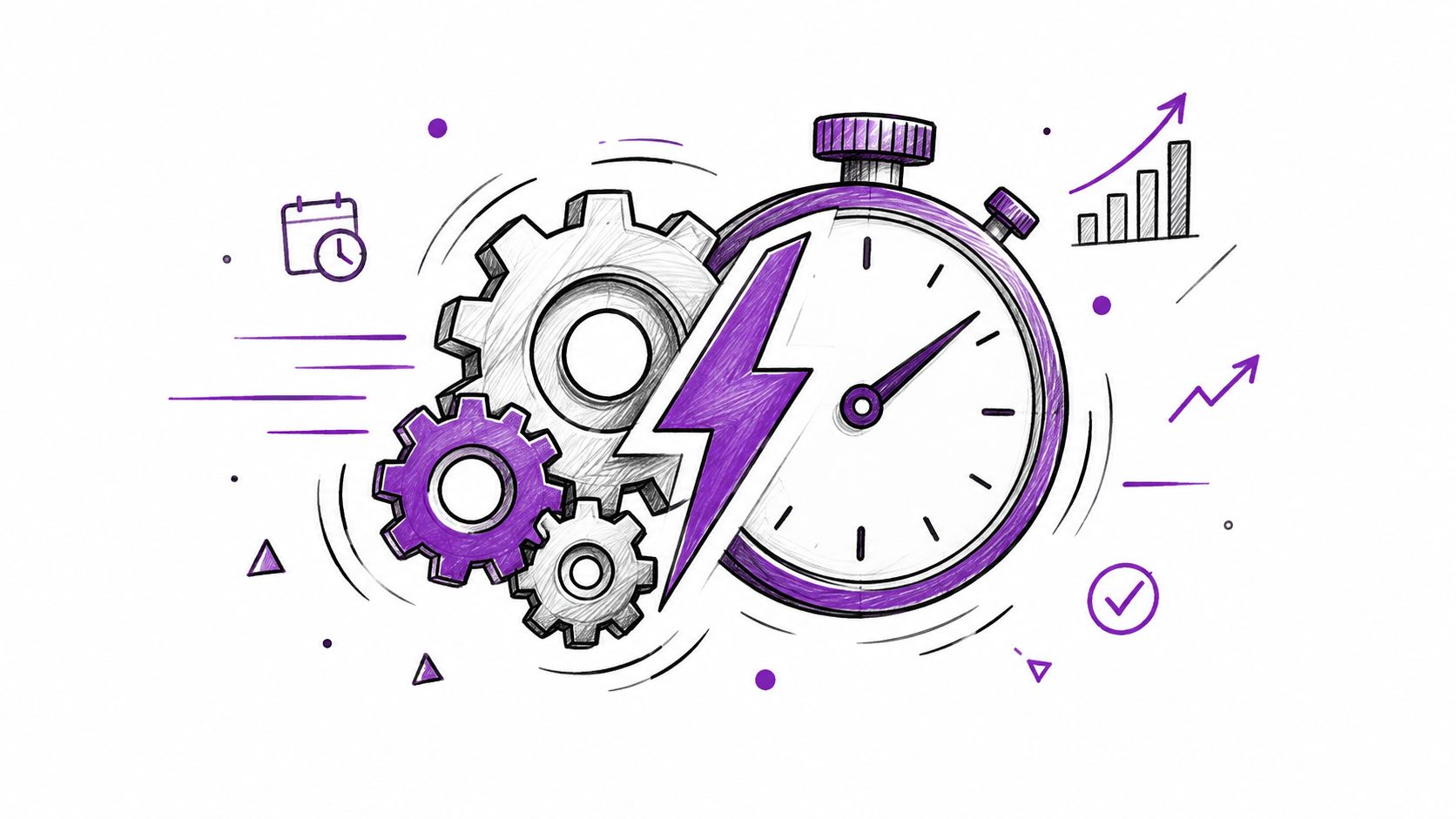 A digital illustration showing a stopwatch, interlocking gears, and a lightning bolt representing speed and productivity.