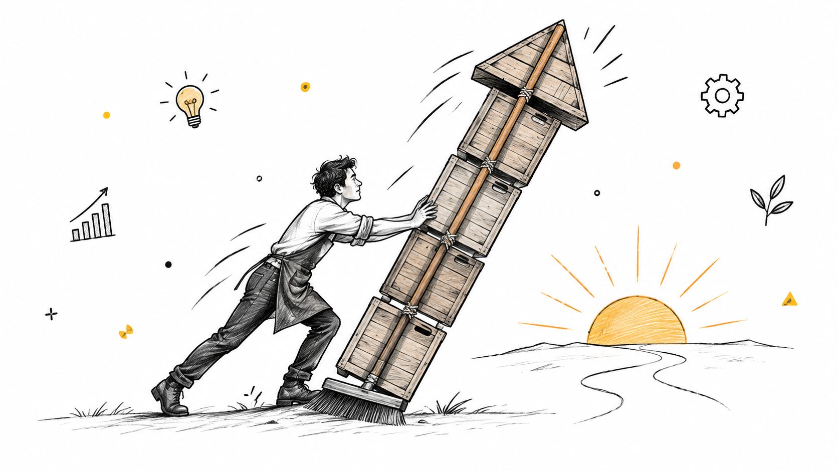 A man pushing a makeshift rocket made from wooden crates and a broom towards a rising sun.