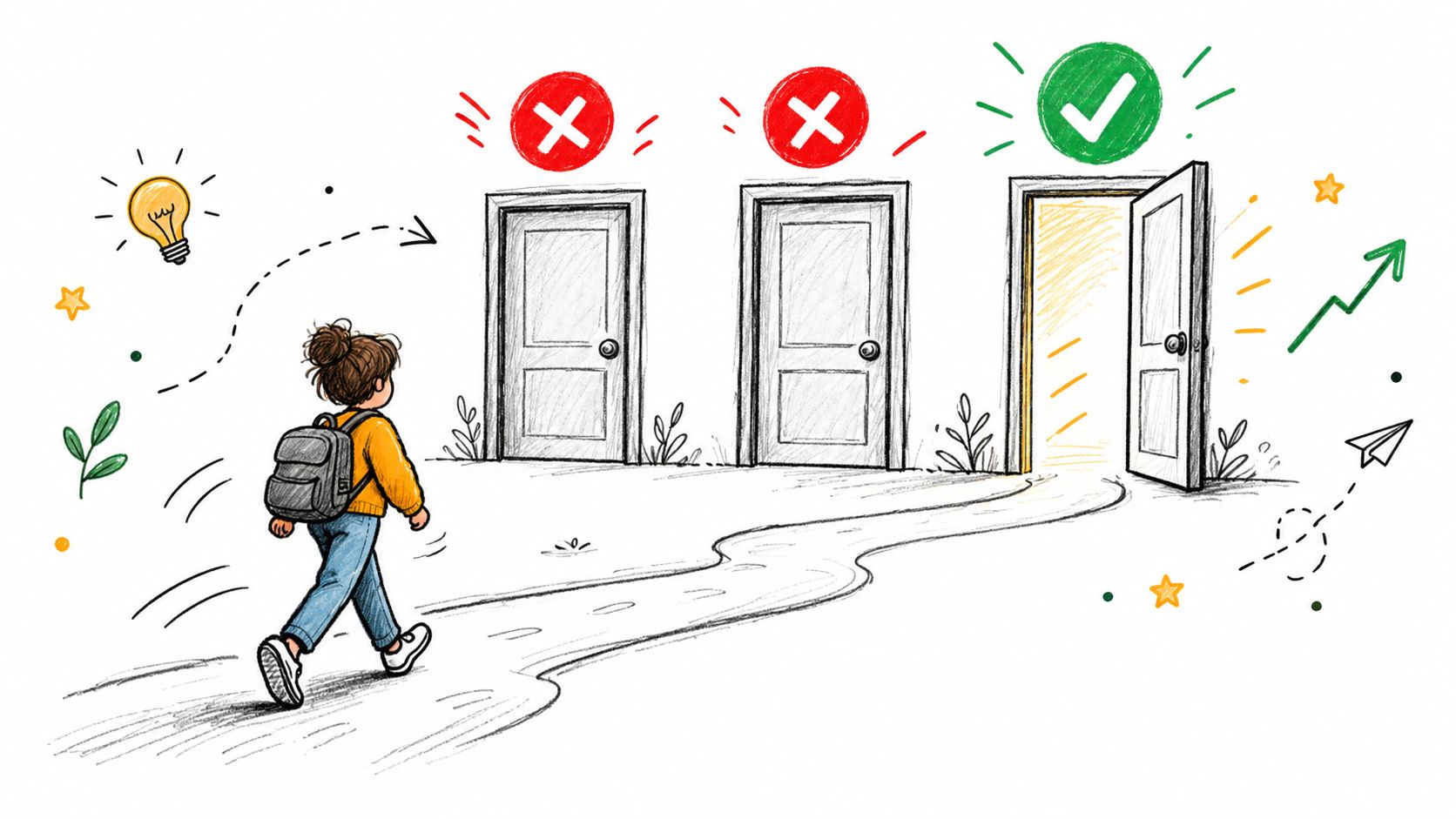A student walking towards an open door labeled with a green checkmark to represent career success.