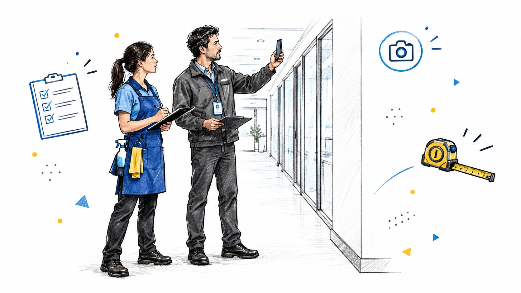 A professional cleaner and an inspector reviewing a commercial hallway for a potential cleaning contract bid.