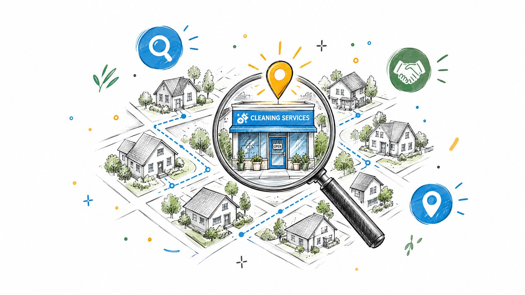 An illustration showing a magnifying glass focusing on a local cleaning services shop among residential houses.